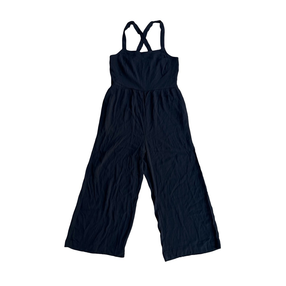 Madewell $138 Smocked Crop Jumpsuit Black Wide Leg Adjustable Strap H1084 Size 4
